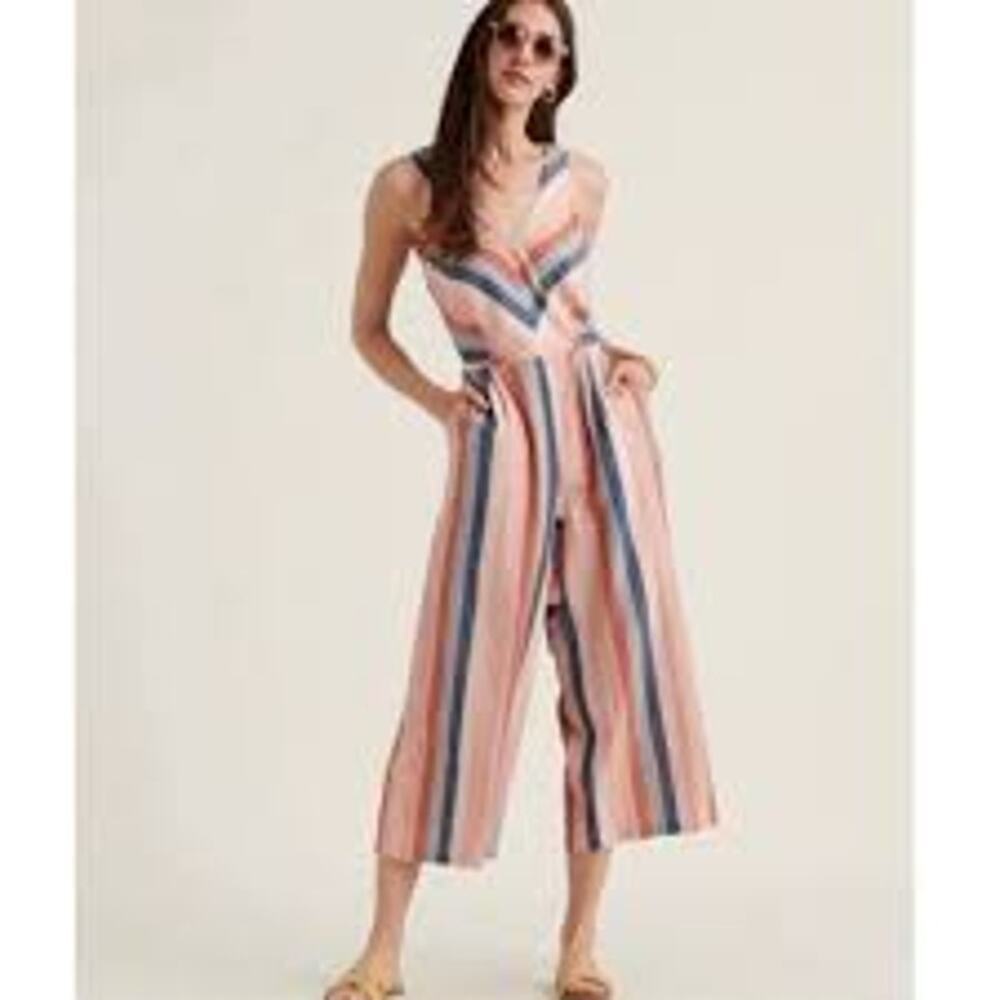 Lucky Brand Striped Wide Leg Jumpsuit Womens S Coral Navy Sleeveless Belted Boho